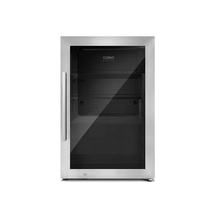 Vitrina frigorifica Caso Germany, BBQ Cooler S-R, H 68 cm, volum 63 l, ideal pentru HoReCa, birou, rulota, iluminare interioara LED, temperatura reglabila -1~ -10°C, usa cu 3 straturi sticla anti-UV, deschidere pe dreapta, 3 rafturi otel, inox