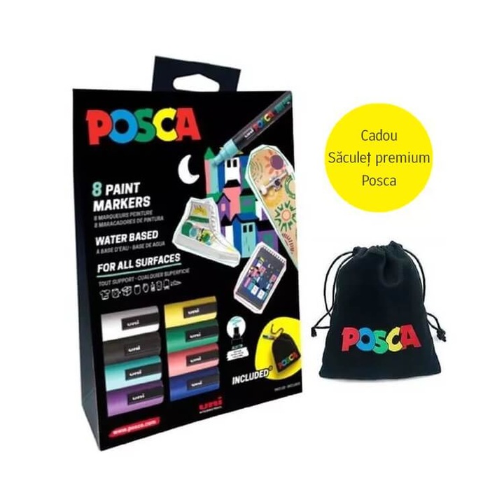 Dekormarker készlet, 1,8-2,5 mm, UNI "Posca Pouch PC-5M", 8 különböző szín, tartóval