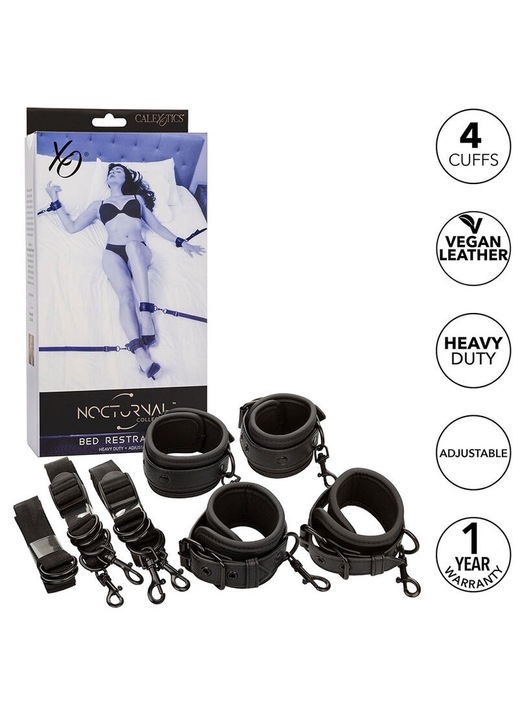 Set restrictii de pat Nocturnal, CalExotics, 4 mansete ajustabile, negru, 63"/160 cm