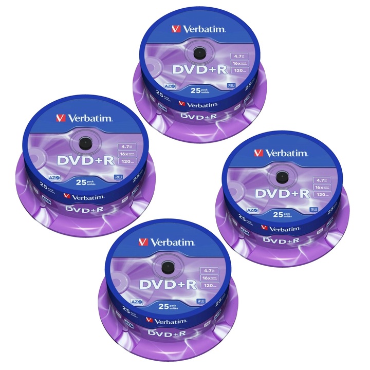 Set 100 discuri DVD+R 4.7GB, viteza de inregistrare 16x, timp de stocare 120min, ambalaj sigilat