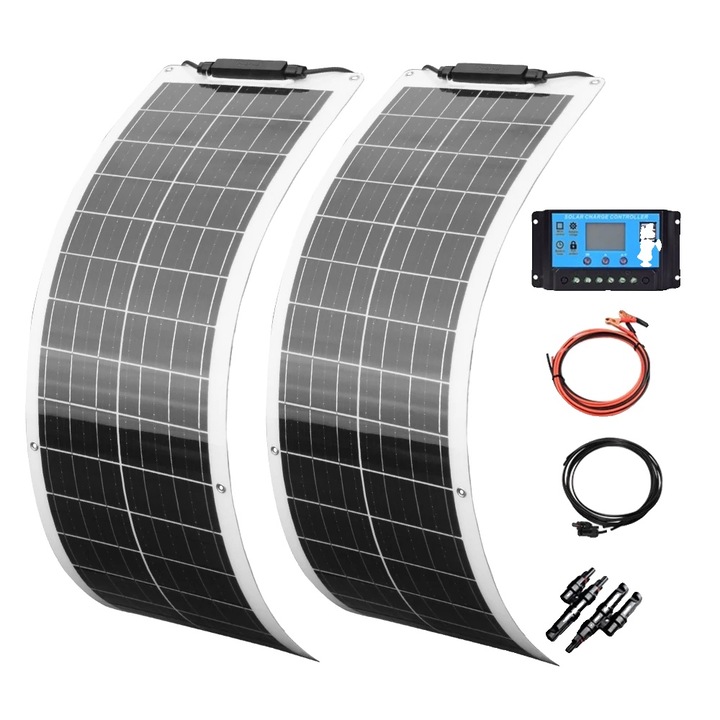 Kit panou solar flexibil monocristalin, 100W, pentru acasa, camping, RV, barca, alb