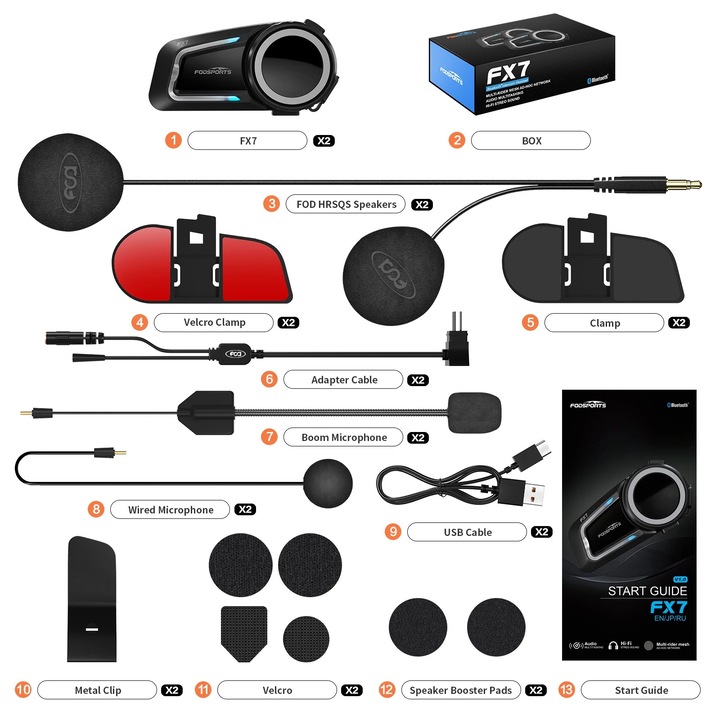 Interfon motocicleta Fodsports FX7, distanta de pana la 2000m, Bluetooth 5.4, set 2 bucati, design rezistent la apa