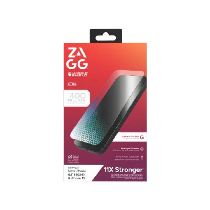 Folie protectie Zagg XTR4, grafen, filtru lumina albastra, 11x mai puternica, pentru iPhone 15/16