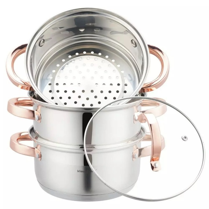 Oala pentru gatit la aburi Klausberg KB 7726, 18 cm, 2, 5 L, 5 piese, Inductie, Inox/Aur roz