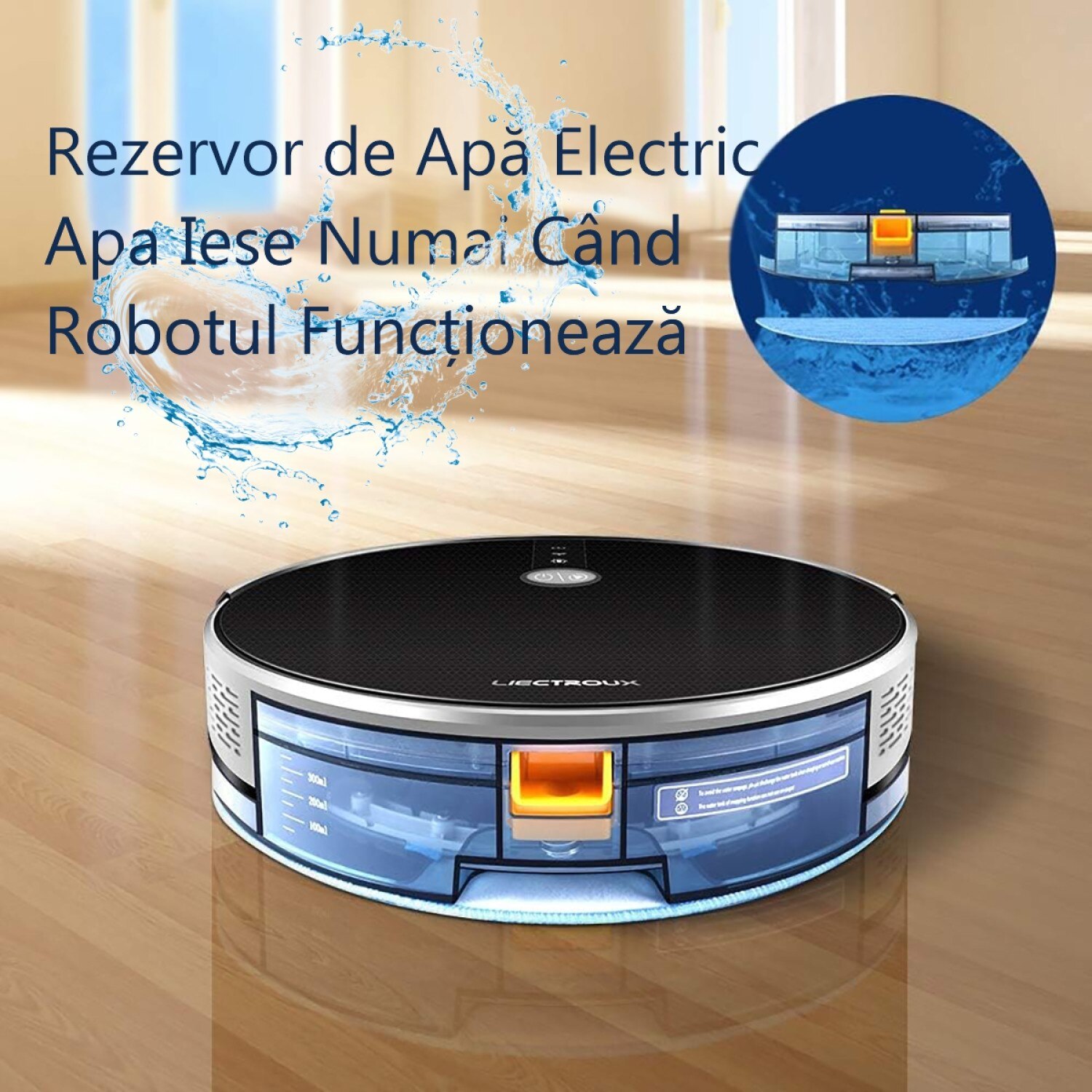 Aspirator Robot Inteligent Liectroux C30B(D6819), cu navigatie gyro, ghid vocal, autonomie 100 de minute, rezervor de apa de 350ml, cos de praf de 600ml, 74x330x330mm, Negru/Gri