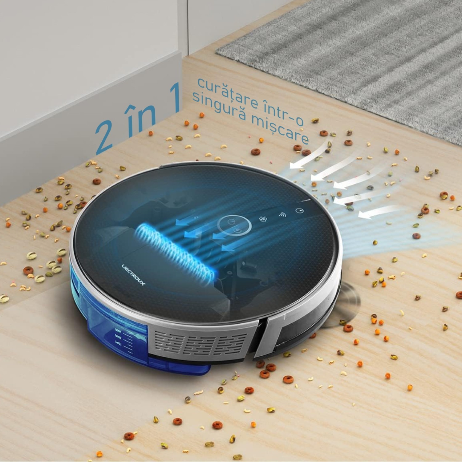 Aspirator Robot Inteligent Liectroux C30B(D6819), cu navigatie gyro, ghid vocal, autonomie 100 de minute, rezervor de apa de 350ml, cos de praf de 600ml, 74x330x330mm, Negru/Gri