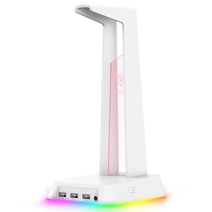 Suport Casti Gaming RGB, DomestiQ, model Onikuma ST-2 – Hub USB 2.0, Iluminare LED, Design Futurist, Compatibil Universal – White Edition