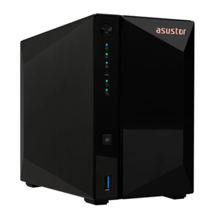 Asustor DRIVESTOR 2 Pro Gen2 AS3302TV2 NAS Realtek RTD1619B (4x1.7GHz), размер на паметта: 2GB, DDR4, брой инсталируеми устройства: 2 бр., 2 "5" / 3 "5", SATA3, RAID: RAID 0, 1, JBOD , USB3 .0: 3бр., LAN (2.5Gb/s): 1 порт, черен