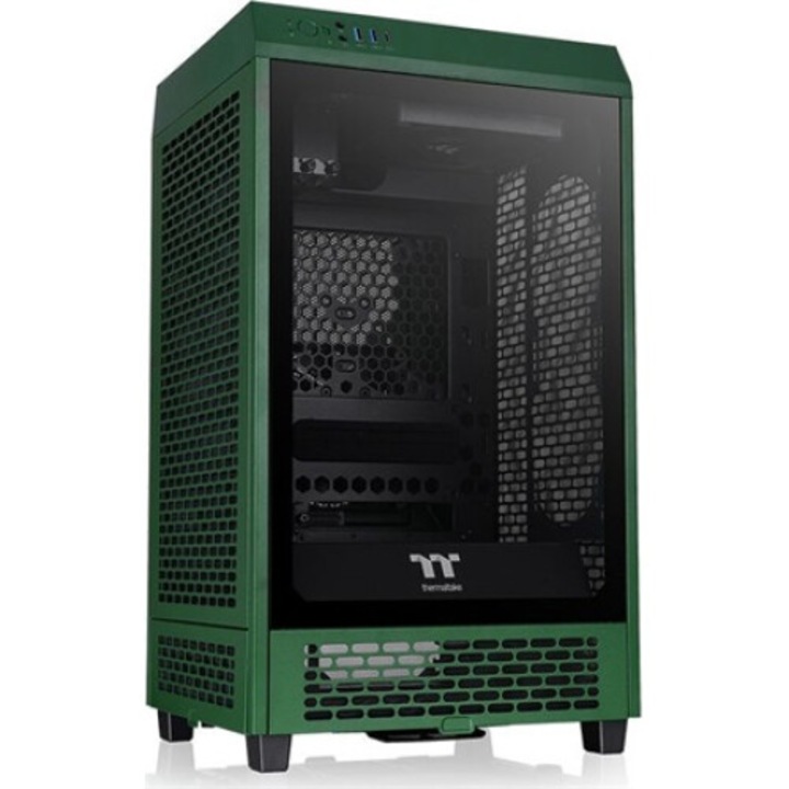 Компютърна кутия Thermaltake The Tower 200 Racing Green без захранване MT Mini Tower с прозорец, долно захранване, 2 "5" слота: 4 бр., 3 "5" вътрешни слота: 2 бр., USB-C: 1 бр., USB3.0: 2 бр., 140 мм охладител: 2 бр., Mini-ITX, зелен