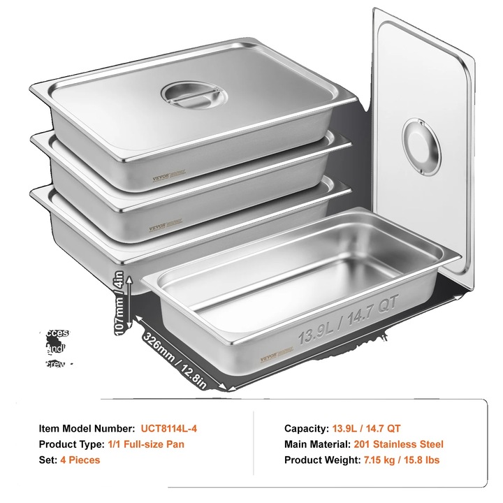 Set 4 tavi cu capac, inox, 530x326x107mm, capacitate 13.9L, argintiu