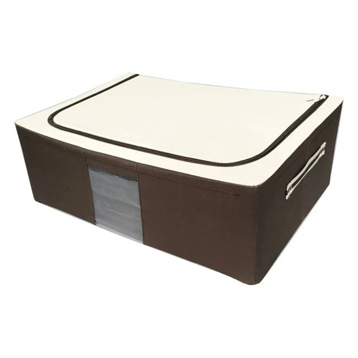 Husa de depozitare Antbro® cu cadru metalic si baza din MDF pentru haine, cu maner, fereastra si fermoar, ecru/maro, 60x40x20 cm, 48l