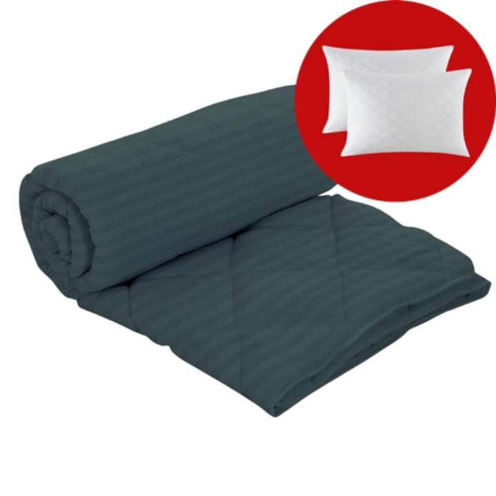 Set pilota iarna, umplutura lana, material damasc policoton, 160x210cm, matlasata, antracit, Patone cu 2 perne, matlasate, antialergice, 50x70cm, albe, Patone