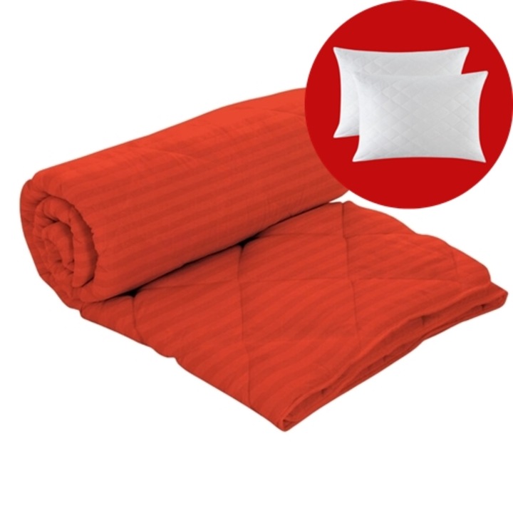 Set pilota iarna, umplutura lana, material damasc policoton, 160x210cm, matlasata, portocalie, Patone cu 2 perne, matlasate, antialergice, 50x70cm, albe, Patone