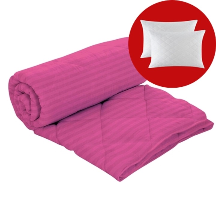 Set pilota iarna, umplutura lana, material damasc policoton, 160x210cm, matlasata, siclam, Patone cu 2 perne, matlasate, antialergice, 50x70cm, albe, Patone