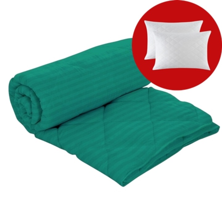 Set pilota iarna, umplutura lana, material damasc policoton, 160x210cm, matlasata, verde, Patone cu 2 perne, matlasate, antialergice, 50x70cm, albe, Patone