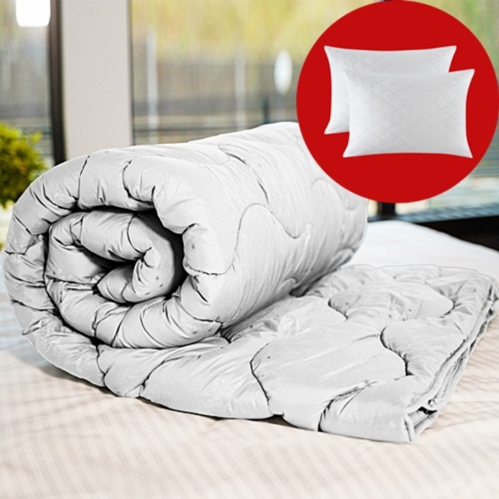 Set pilota iarna, umplutura lana, material policoton, 160x210cm, matlasata, alba, Patone cu 2 perne, matlasate, antialergice, 50x70cm, albe, Patone