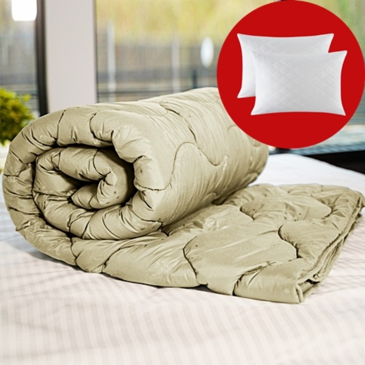 Set pilota iarna, umplutura lana, material policoton, 160x210cm, matlasata, kaki, Patone cu 2 perne, matlasate, antialergice, 50x70cm, albe, Patone