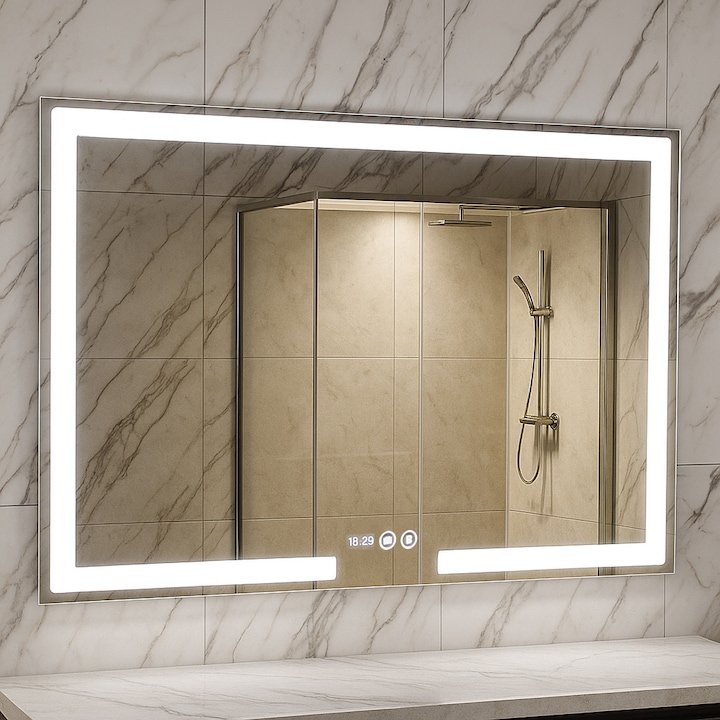 Oglinda baie cu iluminare LED Badenmob 19326, functie dezaburire, ceas, data si termometru, MD1, 120x80cm