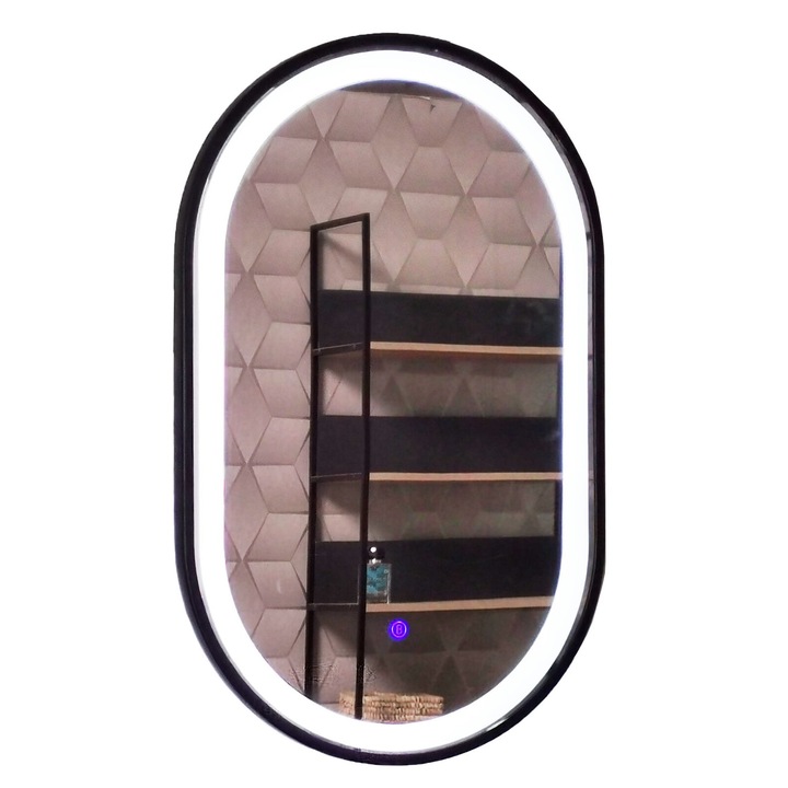 Oglinda baie cu iluminare LED Badenmob 19343, intrerupator touch MD3, 50x80cm, rama neagra