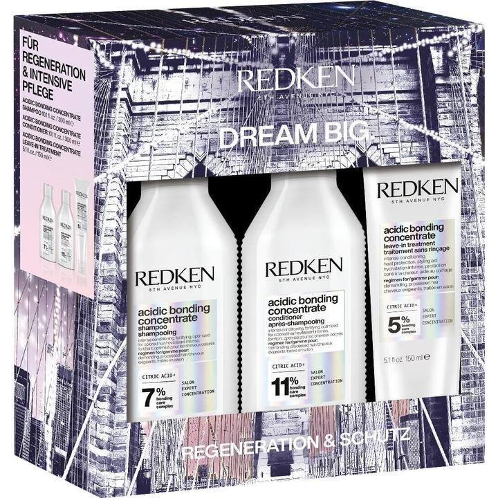 Set ingrijre profesionala Redken Acidic Bonding Concentrate intens revitalizant pentru repararea parului deteriorat si decolorat, fortifica parul si echilibreaza pH-ul, contine sampon 300ml, Balsam 300ml Si Tratament Leave-In 150 ml