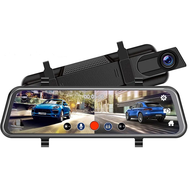 Огледало за обратно виждане с DVR камера, 10" IPS сензорен екран, Full HD 1080P, помощ при паркиране, G-сензор, 6 HD стъклени лещи, включена 64GB карта, Черен