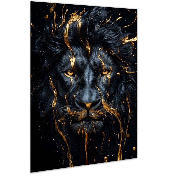Tablou Decorativ Leu Negru si Auriu - HDF 3mm, 60x90 cm