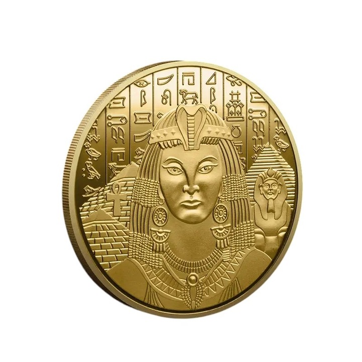 Moneda metalica Golden Faraon pentru colectie, diametru 40 mm, grosime 3 mm, carcasa de protectie inclusa, exterior auriu