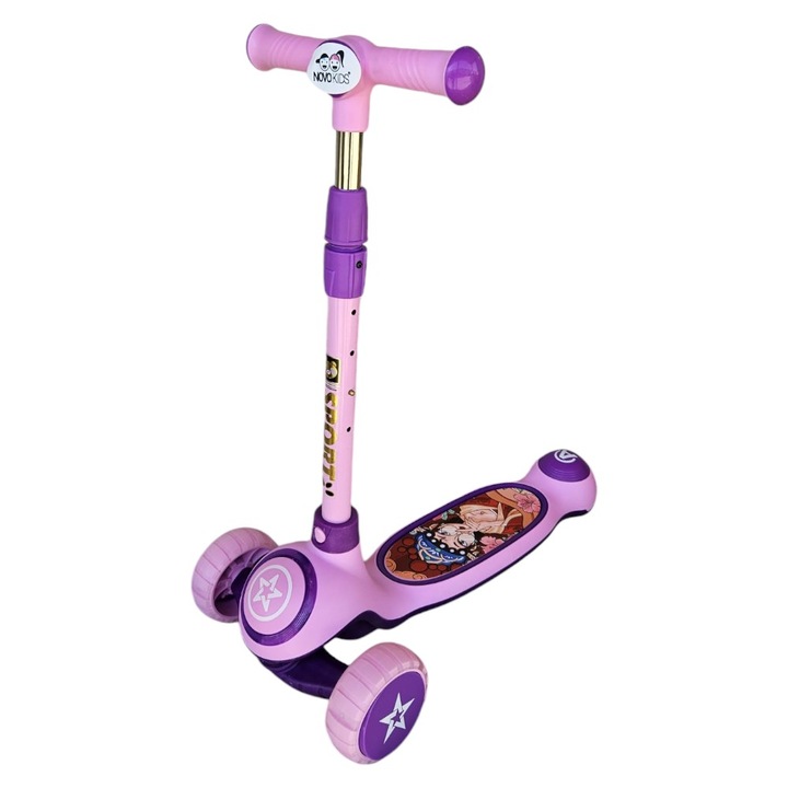 Детска тротинетка със светещи силиконови колела NOVOKIDS™ Mini Scooter 9080, С песни и светлини, 3 колела, Сгъваема, Дръжка за регулиране на височината, Максимум 50 кг, Модерен дизайн, Розово с лилаво