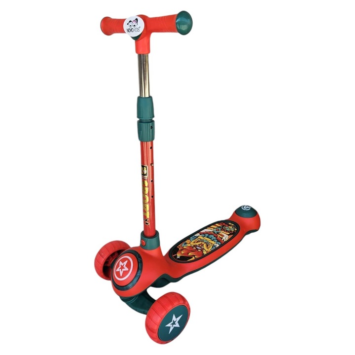 Gyermekroller világító szilikon kerekekkel NOVOKIDS Mini Scooter 9080, Dalokkal és fényekkel, 3 kerékkel, Összecsukható, Állítható magasságú fogantyú, Maximum 50 kg, Modern design, Piros