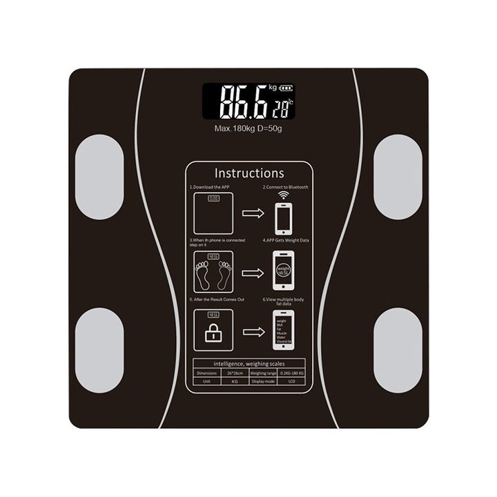 Cantar Corporal Inteligent, Bluetooth, Functii Multiple de Masurare, 200 Kg, Negru