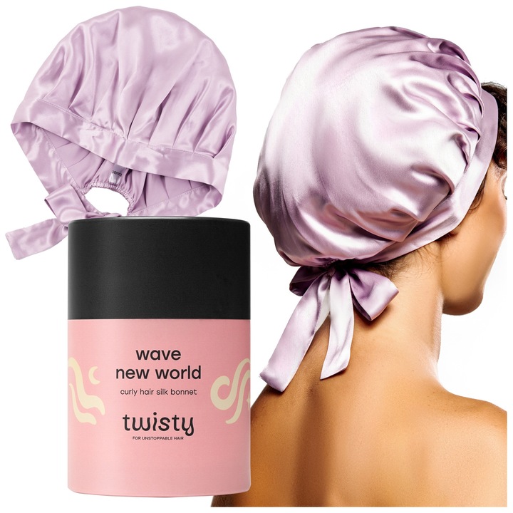 Boneta De Matase Pentru Par Cret, Twisty, Roz, 100% Matase Naturala, Protejeaza Parul, Previne Ruperea si Despicarea Varfurilor, Reduce Electrizarea, Confortabila Pentru Somn, 1 Buc