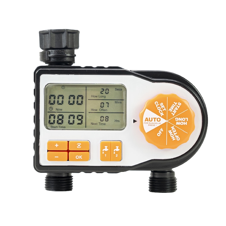 Програматор за напояване PNI WT12, LCD дисплей, 3/4 връзка, 2 изхода, автоматично и ръчно напояване, настройка на време, продължителност и дни на напояване