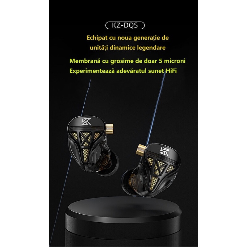 Casti audio intraauriculare, KZ DQS IEM, monitoare intraauriculare cu noua generatie de driver dinamic legendar, design semi-deschis, confortabile, izolare fonica, cablu detasabil cu 2 pini Negu Cu Microfon HD