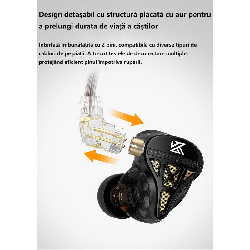 Casti audio intraauriculare, KZ DQS IEM, monitoare intraauriculare cu noua generatie de driver dinamic legendar, design semi-deschis, confortabile, izolare fonica, cablu detasabil cu 2 pini Negu Cu Microfon HD