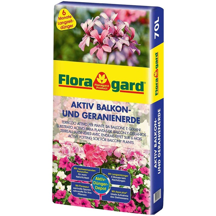 Pamant de flori universal, Floragard, cu ingrasamant de lunga durata, 20 l, pentru geranii si plante de balcon