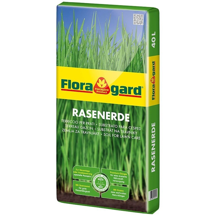 Pamant de gazon Floragard, 40 l, imbogatit cu ingrasamant Guano si nisip de cuart, structura extra fina