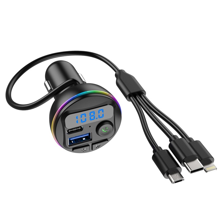 FM трансмитер Zik G46, Bluetooth 5.0, USB 3.1A, кабел за зареждане 3 в 1 са включени, RGB LED, мултифункционален