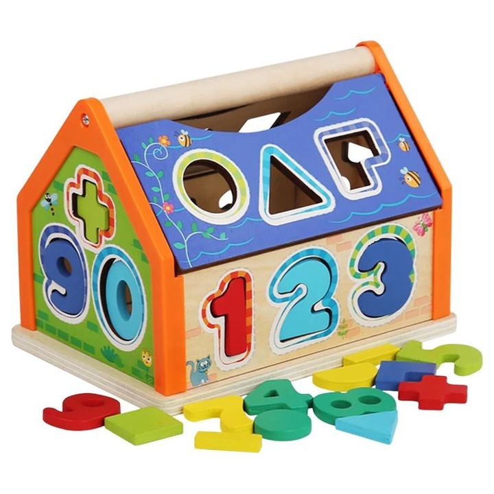 Casuta Multifunctionala din Lemn, Sortatoare de Forme Geometrice si Cifre, Operatii Matematice, Montessori