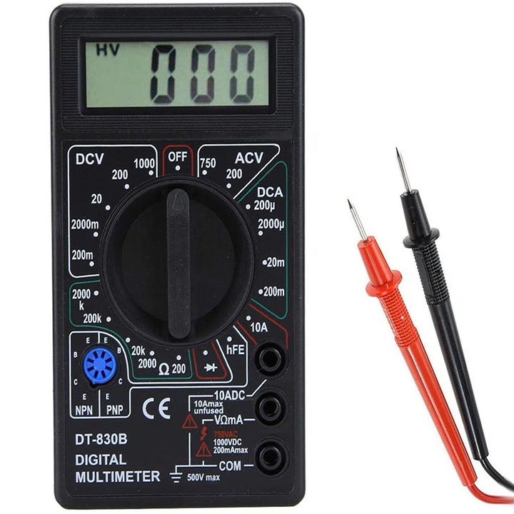 Multimetru Digital HOZRO, pentru Masurarea Tensiunii, Intensitatii, Rezistentei, Verificarea Continuitatii, DT-830B