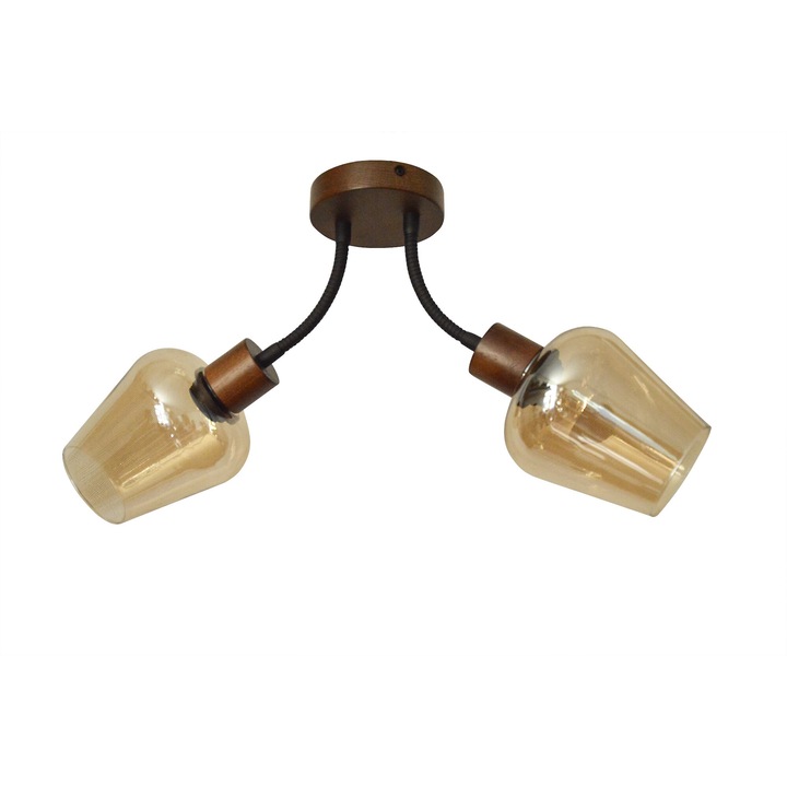 2x60W дървен плафон с метални части за регулиране посоката на светлината, цвят тъмно дърво, стъклени абажури