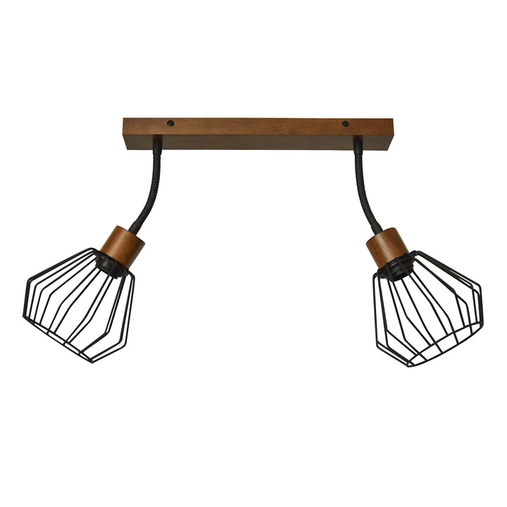Плафон с дървена лайсна 2x60W с метални части за регулиране на посоката на светлината цвят тъмно дърво черни телени абажури