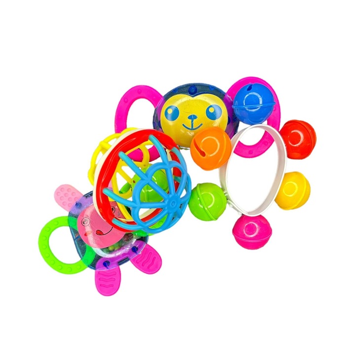 Baba csörgő készlet, 4 részes, műanyag, babakocsihoz és kiságyhoz