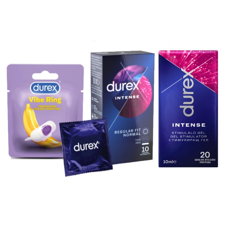 Pachet Prezervative Durex Intense 10 bucati + Lubrifiant Intense Gel 10 ml + Inel Vibrator