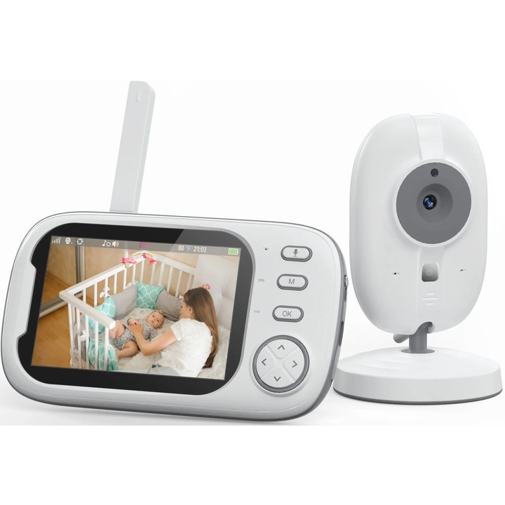 Бебефон EasySleep, WiFi, 3.5'' LCD Display, Температурен сензор, Звуков сензор, ECO режим, Нощно виждане, 8 песни, Аларма, Възможност за разговор с бебето, Известия, Бял