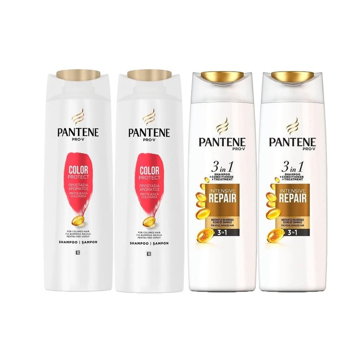 Set Igiena Pantene 4 x Componente, 2 x Sampon 360ml Color Protect, 2 x Sampon 200ml 3 in 1 Repair Protect, testat dermatologic, prospetime de lunga durata, delicat pentru scalp, non-toxic, eco-friendly, aspect stralucitor, previne iritatia pielii