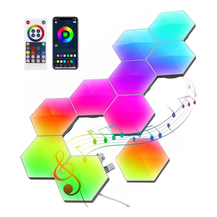 Lampa LED Modulara de Perete, JFYU, Set 10 Lampi RGB Hexagonale Modulare de Perete, Control Prin Aplicatie, Telecomanda, Moduri Multiple, Sincronizare Muzicala, Luminozitate Ajustabila, Telecomanda Inclusa, Multicolor