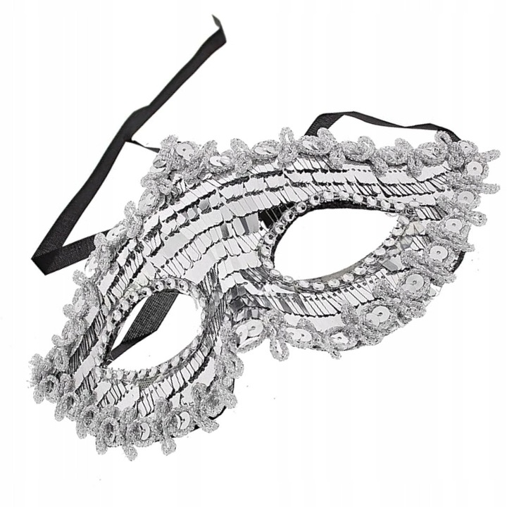 Masca De Carnaval, Openhome, Elegant Tiered Sequins Eye Ball, Ornamente Din Paiete Si Dantela, Cristale In Jurul Ochilor, Legata Cu Panglica, 19 x 11 cm, Alb/Negru