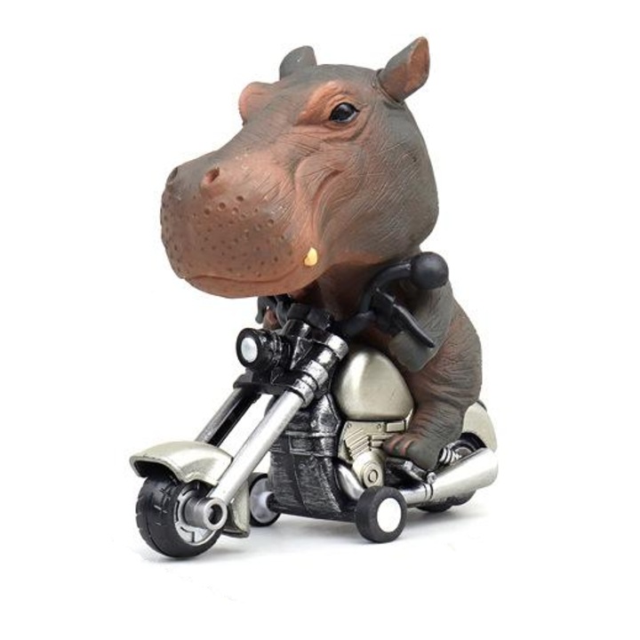 Statueta motocicleta animal, model Harley, hipopotam maro, 12x11x6cm, set de colectie