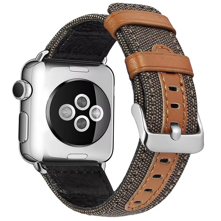 Karkötő Apple Watchhoz, természetes bőr és vászon, kompatibilis a következőkkel: Apple Watch 6, 7, 8, 9, X, SE, 38/40/41mm, JW-01-ANZB, Barna