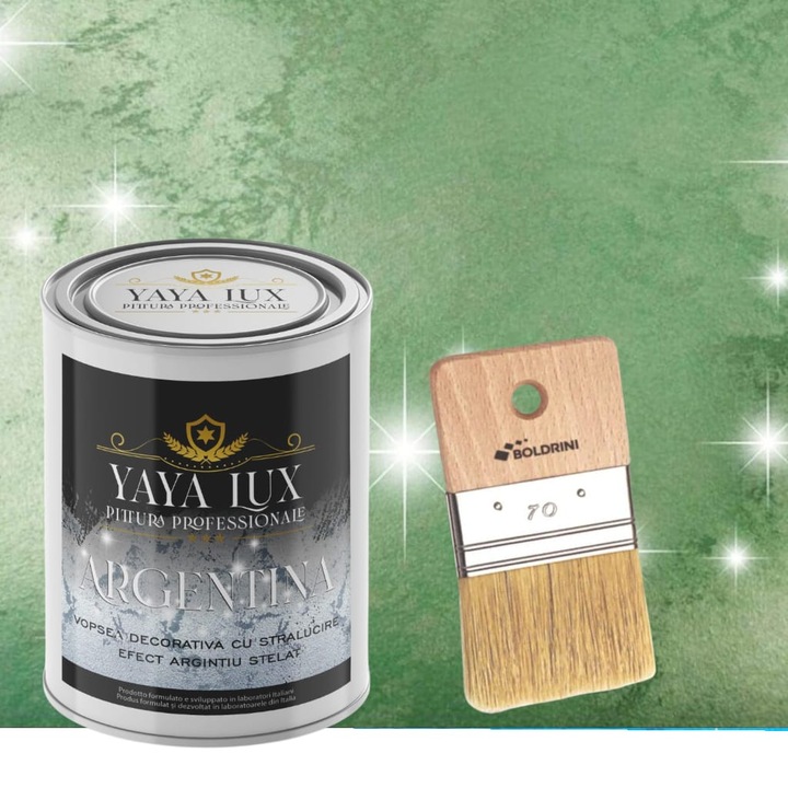 Vopsea decorativa de Lux, Argentina, cu Efect 3D Stelat, Culoare Verde Inchis, 2 Litri si Pensula 70 mm, YaYa Color